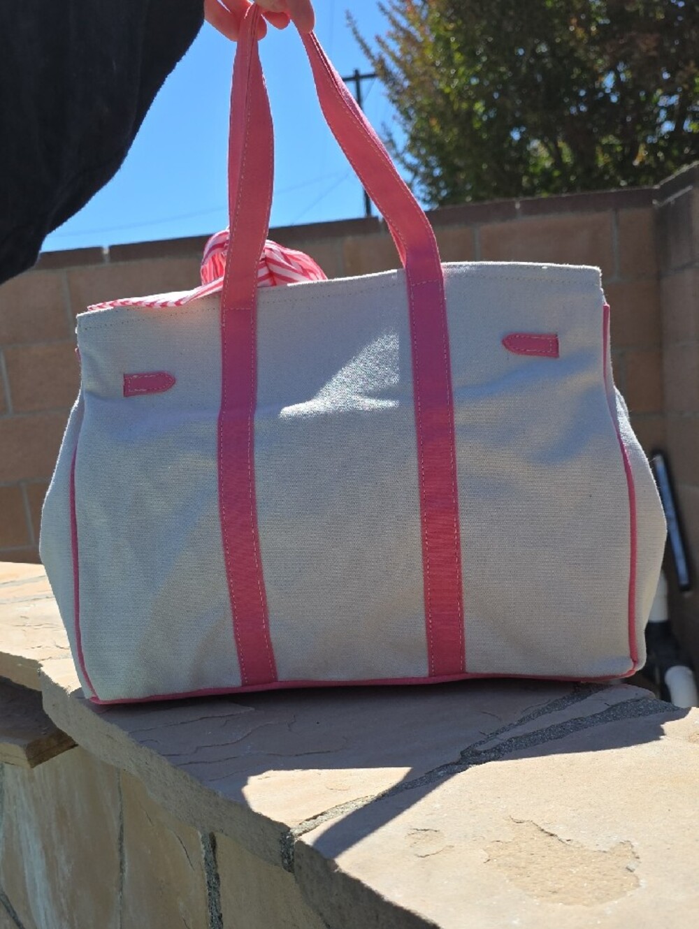 Super Cute Pink-Trim Canvas Tote Bag with Bear Charm - Picture 2 of 6